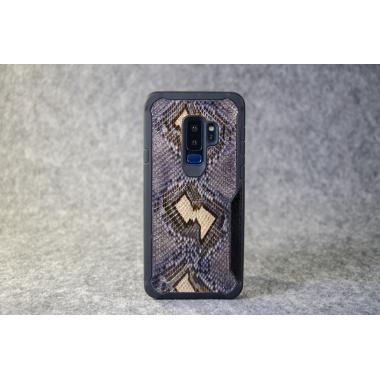Противоударный чехол бампер для Samsung Galaxy S9 Plus из натуральной кожи питона сине-золотого цвета