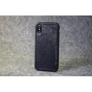 Защитный чехол для iPhone X / Xs из натуральной кожи питона чёрного (мелкого) цвета с основанием из термополиуретана
