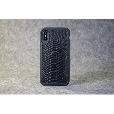 Защитный чехол для iPhone X / Xs из натуральной кожи питона чёрного (крупного) цвета с основанием из термополиуретана