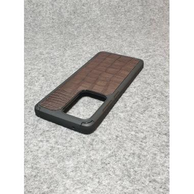 Противоударный чехол для Samsung Galaxy S 20 Ultra из натуральной кожи с имитацией крокодила коричневого цвета