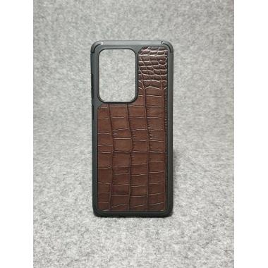 Противоударный чехол для Samsung Galaxy S 20 Ultra из натуральной кожи с имитацией крокодила коричневого цвета